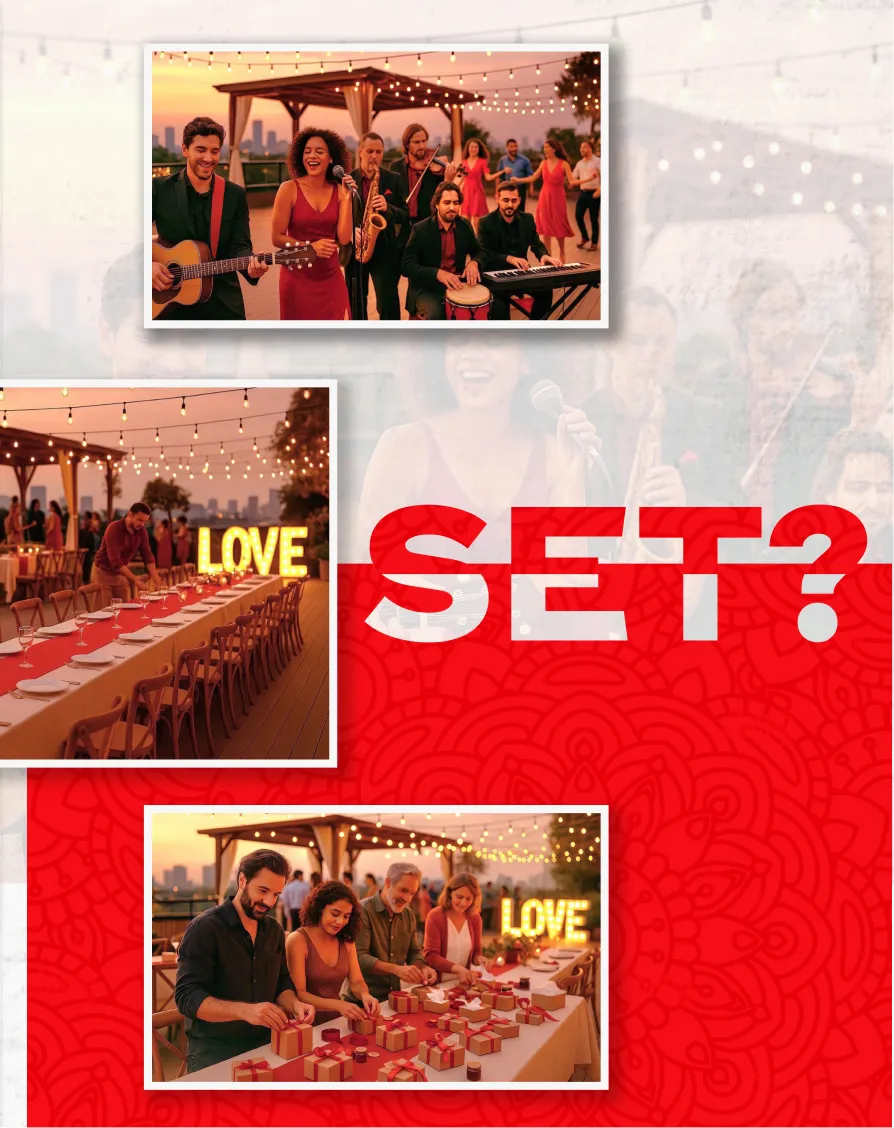 Brochure page: SET?, with photos of a live band, the long dinner table under string lights, and friends wrapping gifts.