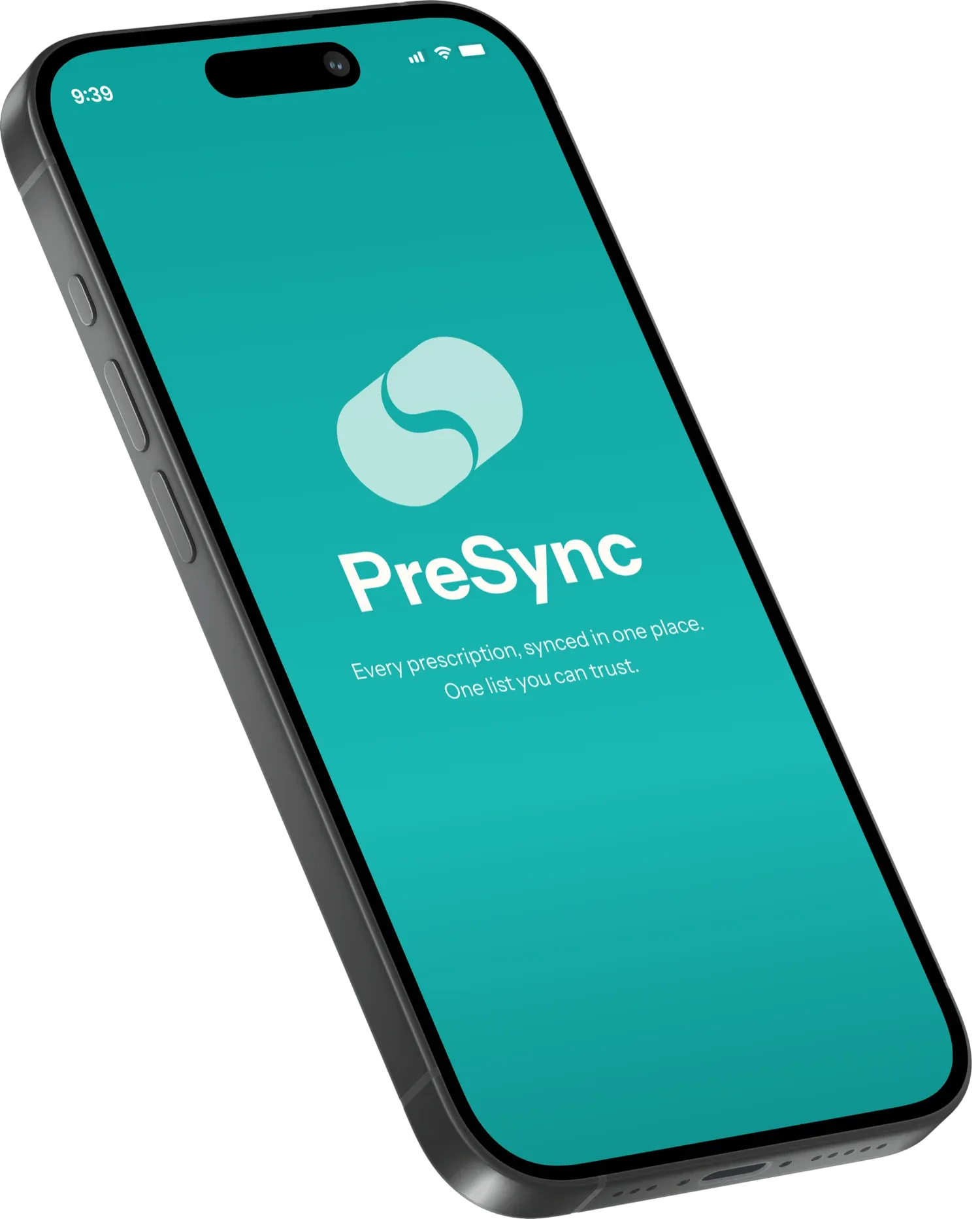PreSync app on an iPhone, splash screen: Every prescription, synced in one place. One list you can trust.