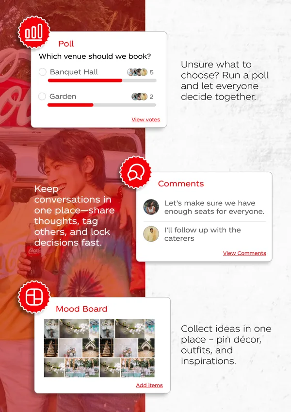 Brochure page 11 of 16. Polls, comments and mood board