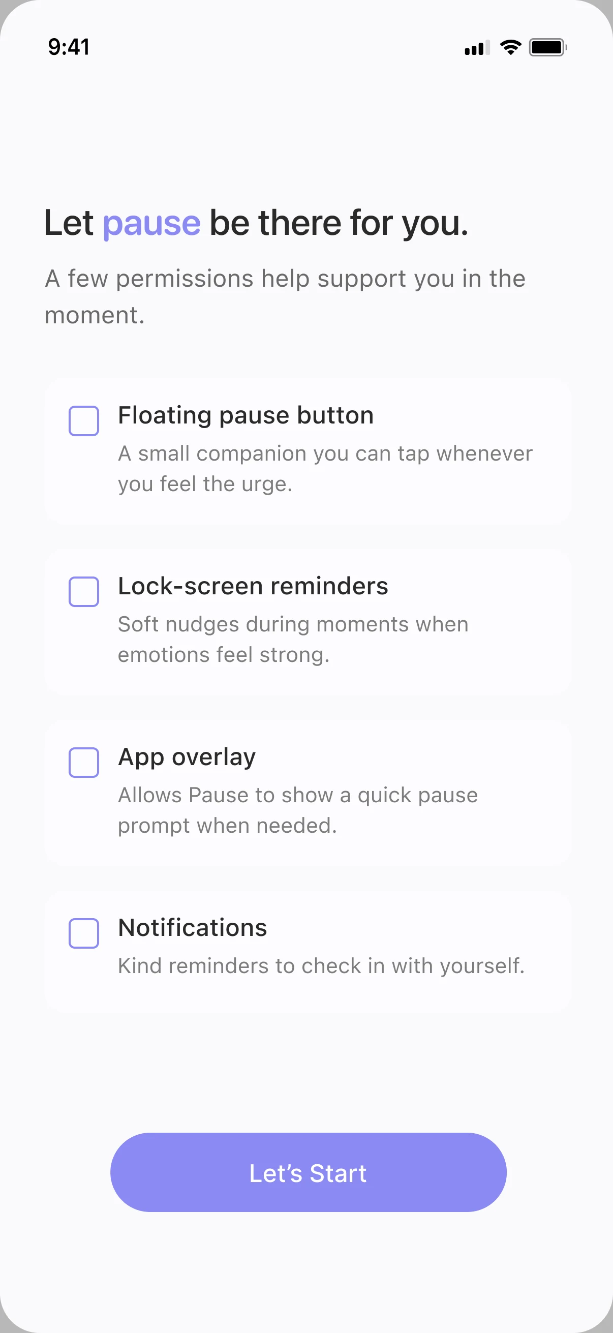 Permissions: floating pause button, lock-screen reminders, app overlay, notifications, all unticked